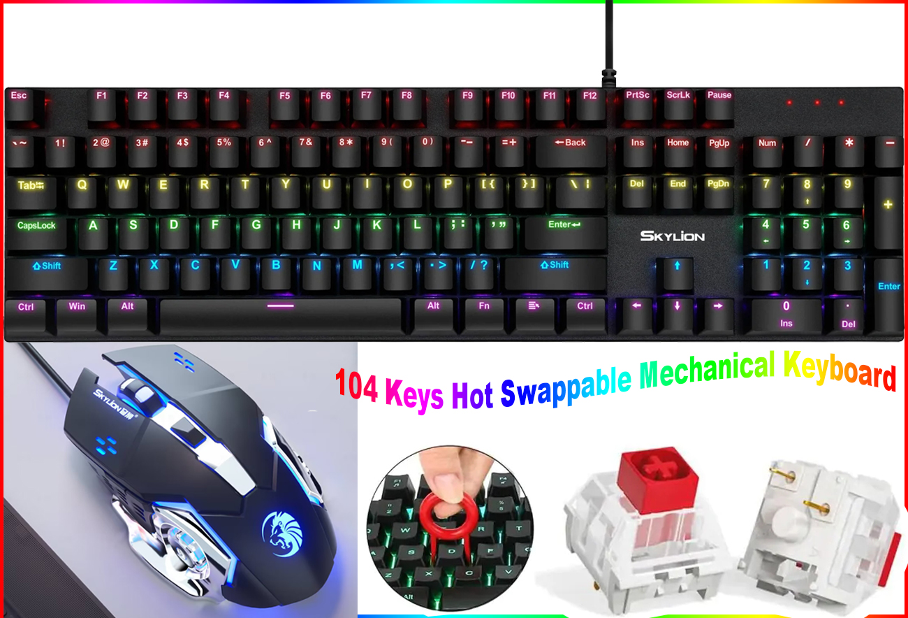 Gaming Keyboard and Mouse Set 104 Keys Hot Swappable Mechanical Keyboard and Mouse Combo 28 Lighting Modes Ergonomic Design Real Mechanical Keyboard