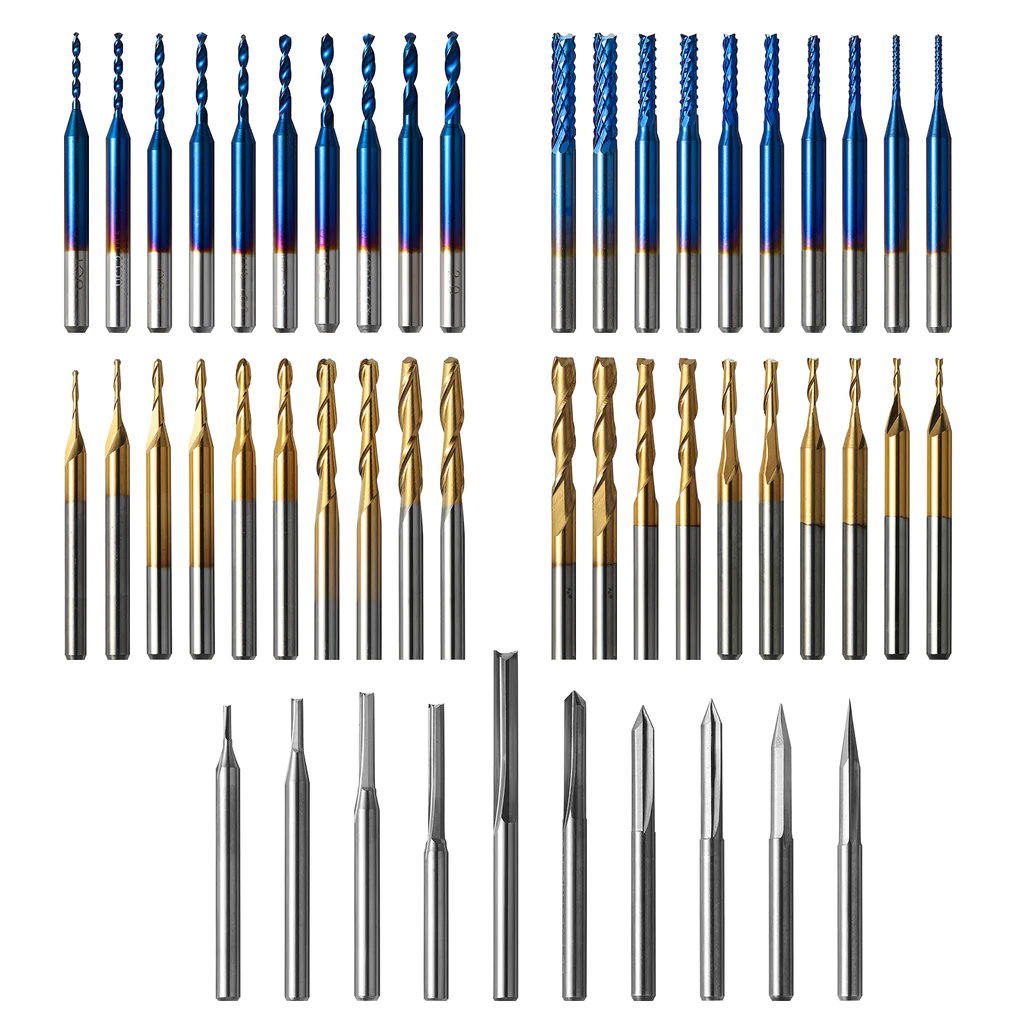 Genmitsu 50pcs Tungsten Carbide End Mill Router Bits, 1/8'' Shank CNC Cutter Milling Carving Bit Set Including 2-Flute Straight Router Bits, Flat Nose