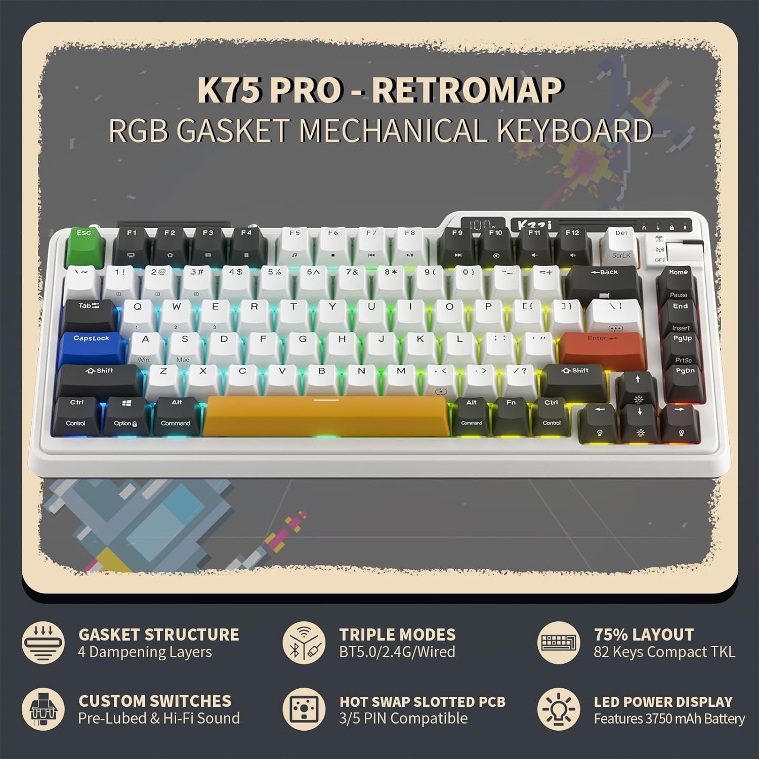 KZZI K75 PRO RGB 75% Wireless Gasket Mechanical BT 5.0/2.4G/USB-C 82 Keys Hot Swappable Gaming Keyboard Knob & Power DisplayCustom Linear Switches