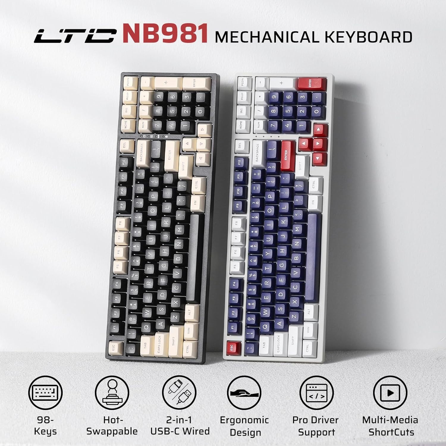 LTC NB981 Nimbleback 96% 98 Keys Wired Mechanical Keyboard White Backlit, Red Switch,2-Layer Foam, Eclipse Black