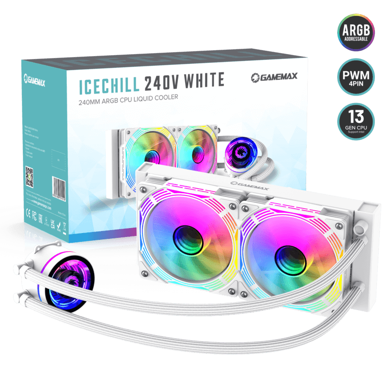 GameMax IecChill 240V White Liquid CPU Cooler 240mm Addressable RGB & PWM Pump & Fans 250W TDP AIO Water Cooler