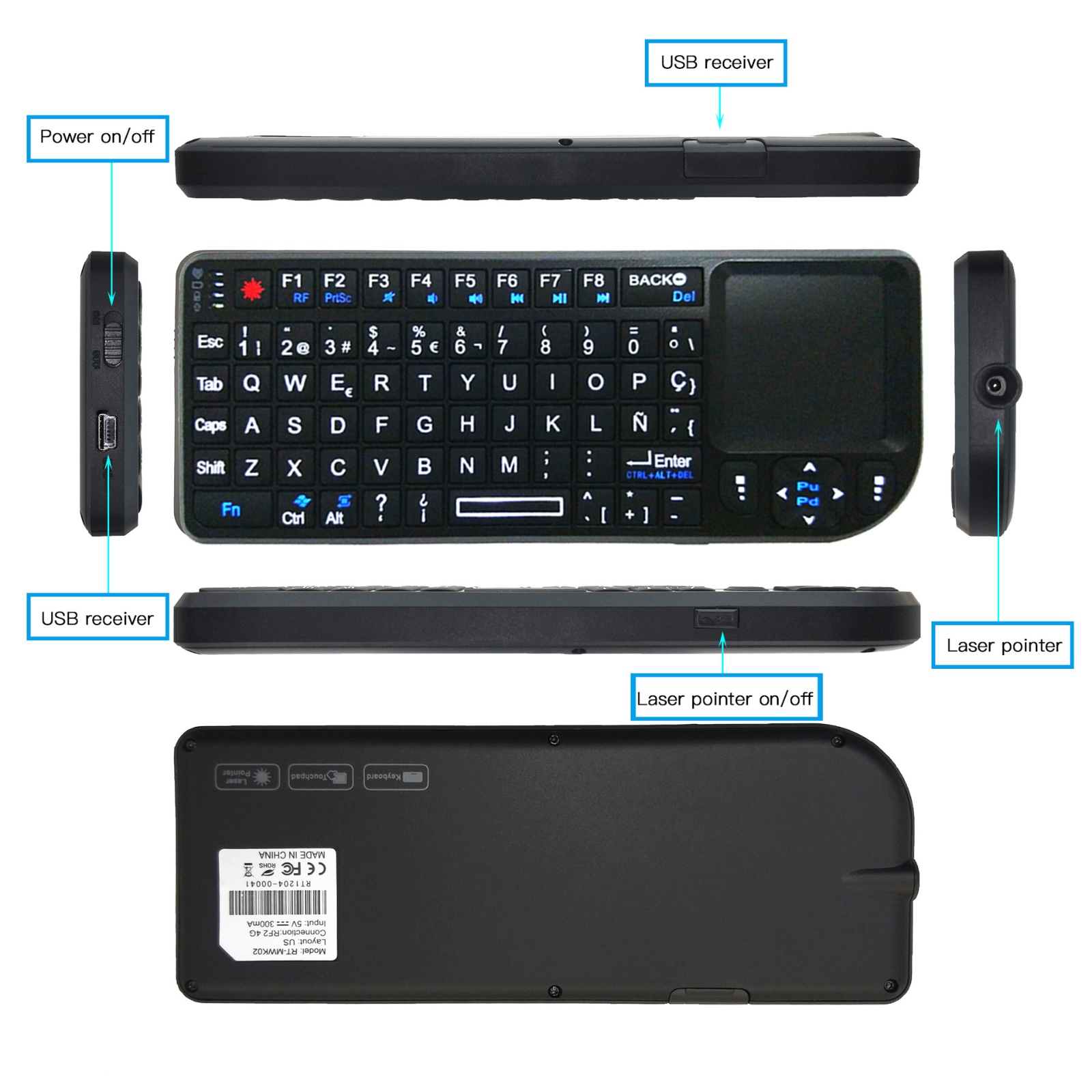 2.4g A8 keyboard with touch control, multifunctional seven color backlight, multilingual USB handheld keyboard