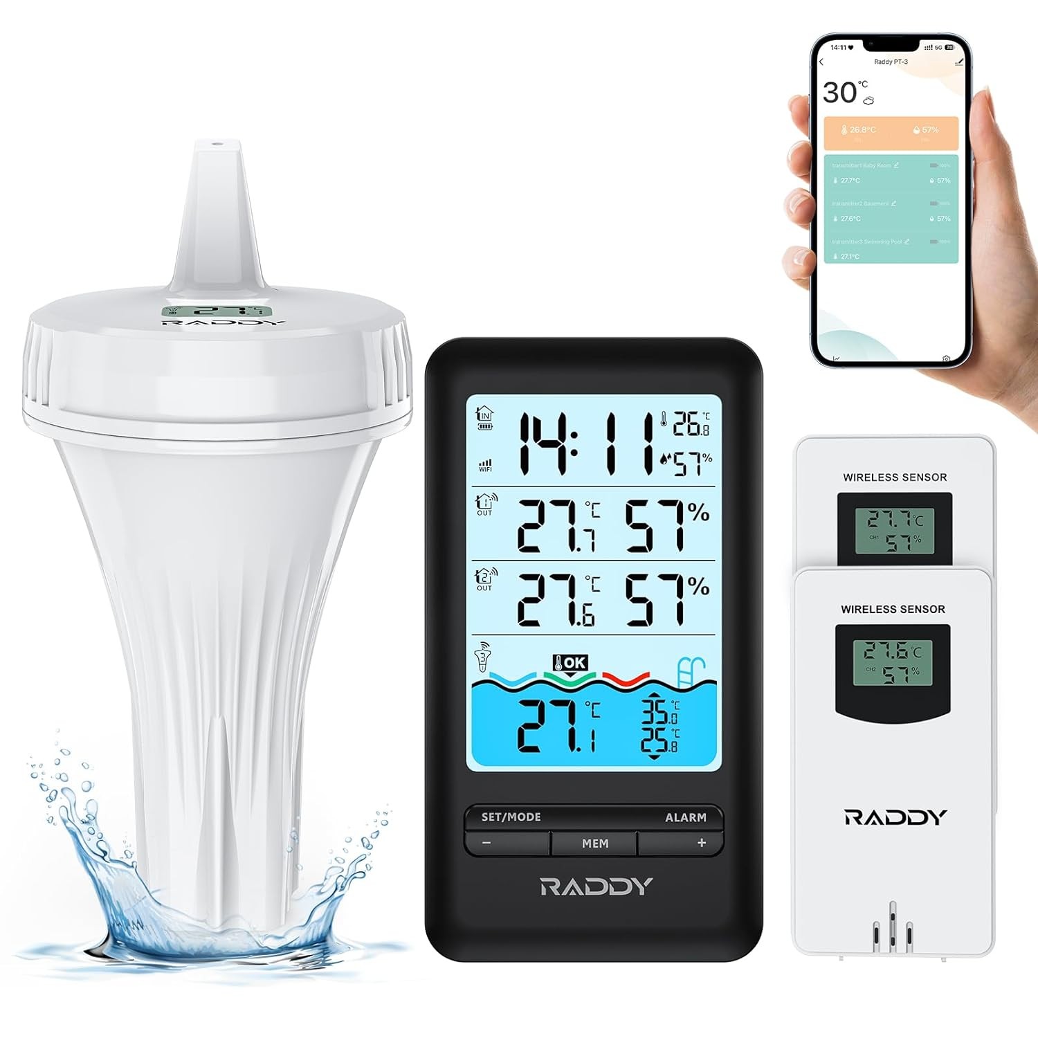 Raddy PT-3 Wi-Fi Pool Thermometer Floating Easy Read with 2 Additional Remote Sensors, APP Remote Monitor, Large Digital Display, Rechargeable, Wirele