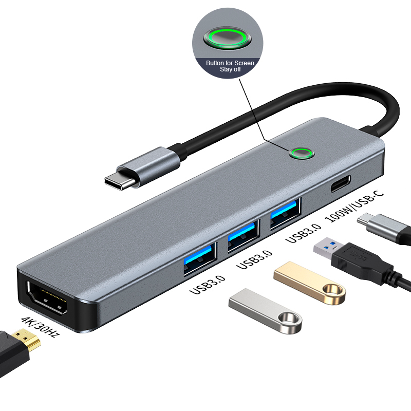 SEEDREAM 5 in 1 USB 3.0 Hub TYPE C HDMI 4K 30Hz 5Gbps 100W PD Fast Charging Docking Station USB C HUB Silver