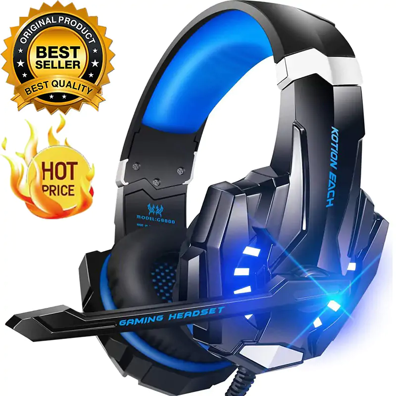 Gaming Headset Stereo Headphones for PS4 PC Xbox One PS5 Controller Noise Cancelling Over Ear Headphones Mic LED Light Bass Surround Memory Earmuffs Umart