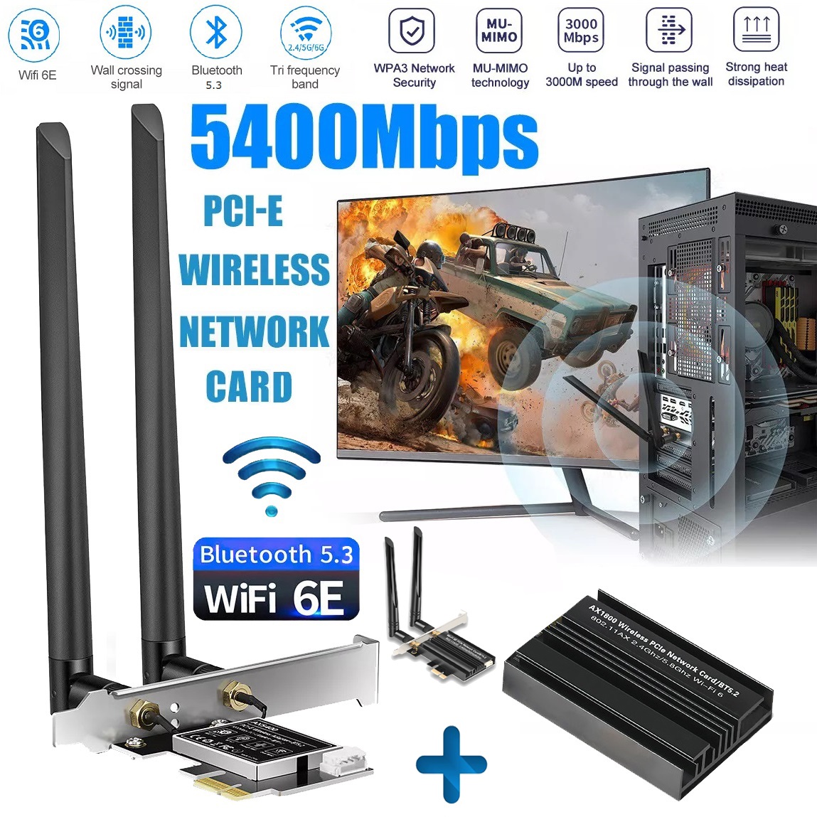 WiFi 6E Card 5400Mbps PCIe with Bluetooth 5.3,Tri-Bands (6G/5G/2.4G) wireless Adapter Low Latency netword card,Support Windows 11/10 (64Bit) for PC