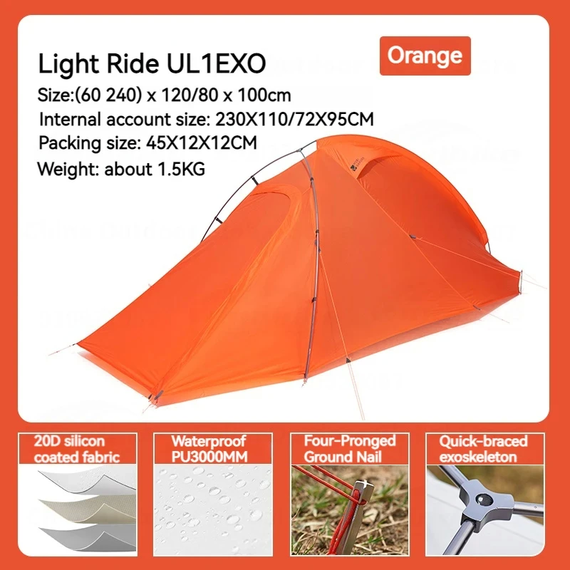 MOBI GARDEN UL 1 EXO Camping Hiking Tent 1-2 Person Ultralight 1.48KG Waterproof Rainproof Quick Open Winter Glamping - ORANGE