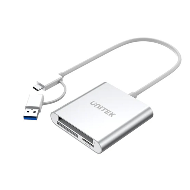 Unitek 3 Port USB 3.0 Memory Card Reader with USB-C Adapter - Silver (UTY9313D)