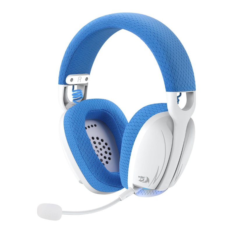 Redragon H878 3-Mode Wireless Blue Lighting Gaming Headset - Lightweight - 7.1 Surround Sound - 40MM Drivers - Detachable Microphone, White&Blue