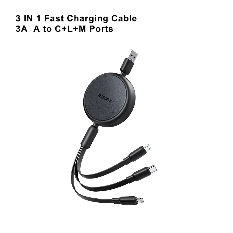 Fast Charging Cable SEEDREAM remax 3A 3in1 Multi Charging Cable USB C to Retractable Phone Charger, Multiple Charging Cord with Type C/Micro USB Black