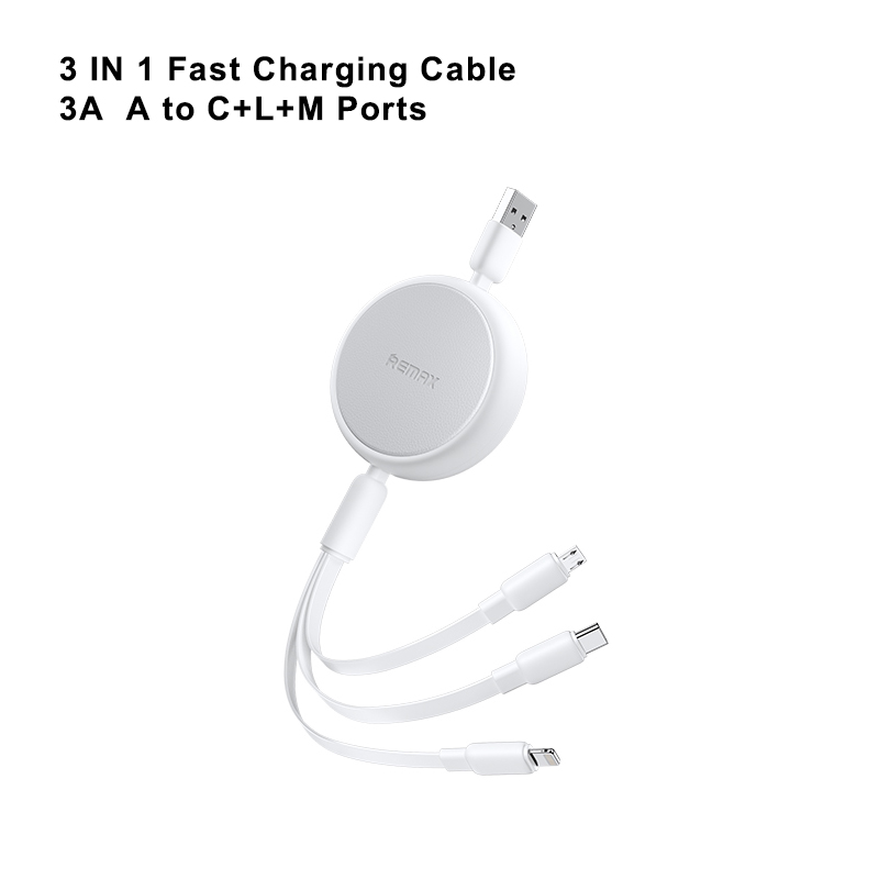 Fast Charging Cable SEEDREAM remax 3A 3in1 Multi Charging Cable USB C to Retractable Phone Charger, Multiple Charging Cord with Type C/Micro USB White