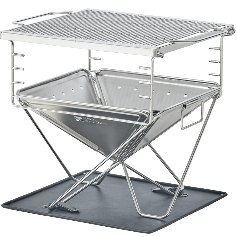Mobi Garden Camping Fire Pit Grill - Multifunctional Stainless Steel Foldable Fireplace for Outdoor Cooking & Heating - GREY