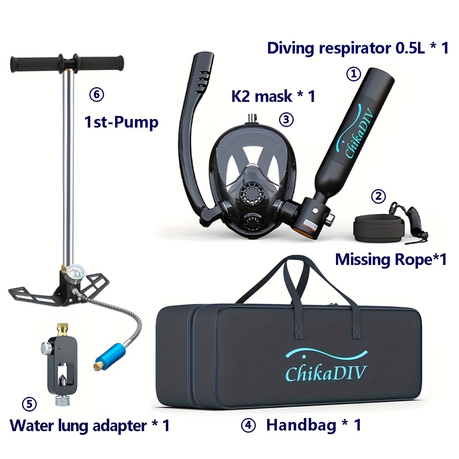 CHIKADIV C300Plus-Black Mini Scuba Set for Breathing Underwater, Portable Mini Diving Gas Cylinder, Leisure Diving Set, Full Face Diving Mask