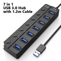 USB Hub 3.0 Splitter with Individual On/Off Switches and Lights 1.2m Cable USB Extension 7-Port USB Black