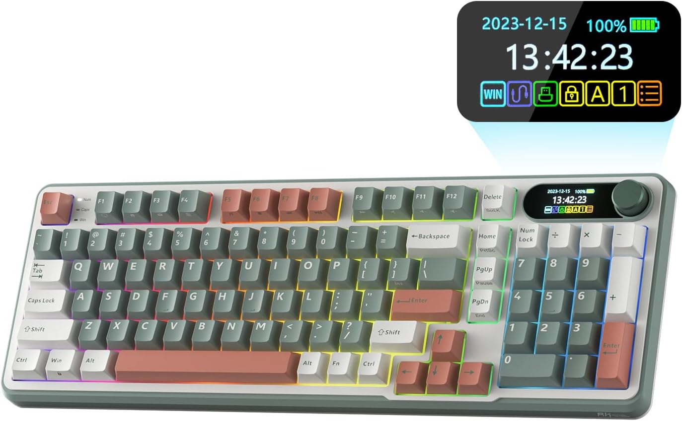 RK ROYAL KLUDGE Mechanical Keyboard S98, RGB, 2.4Ghz/BT/Wired, Spring Rain Switches, Green, Mixed Color