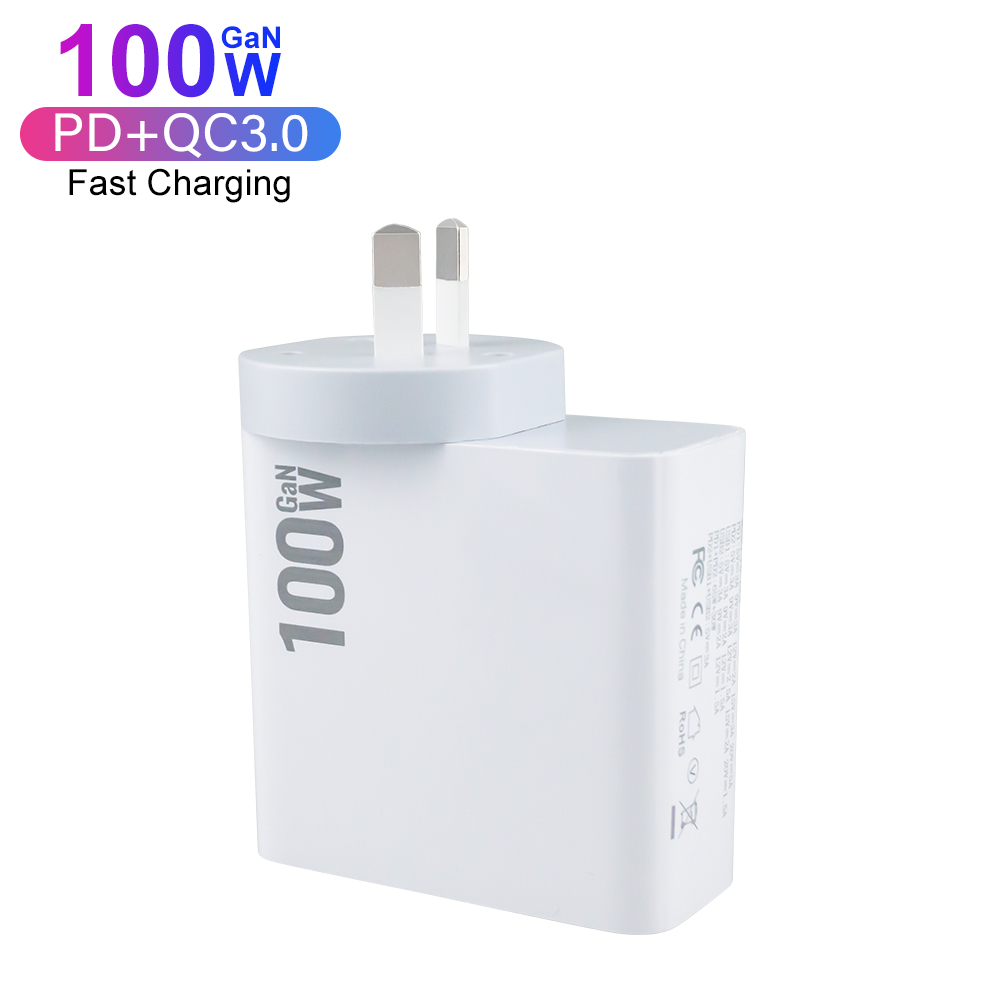 100W GaN USB-C & USB Fast Charger with PD AU Plug for MacBook iPad iPhone 13/14 Pro Max - Compact White Power Adapter