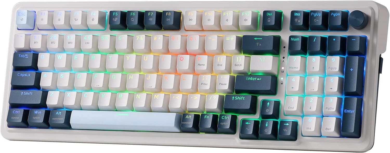 Redragon K686 PRO 98 Keys Wireless Gasket RGB Gaming 3-Mode Win/Mac Mechanical 5-Layer Noise Dampening Keyboard，Hot-Swap in Linear Red Switch, Blue Hi