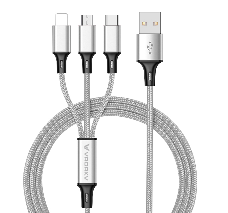 VRORKV 3 in 1 Multi Charging Cable 1.2M(USB To Type C/Lightning/Micro) （Silver）