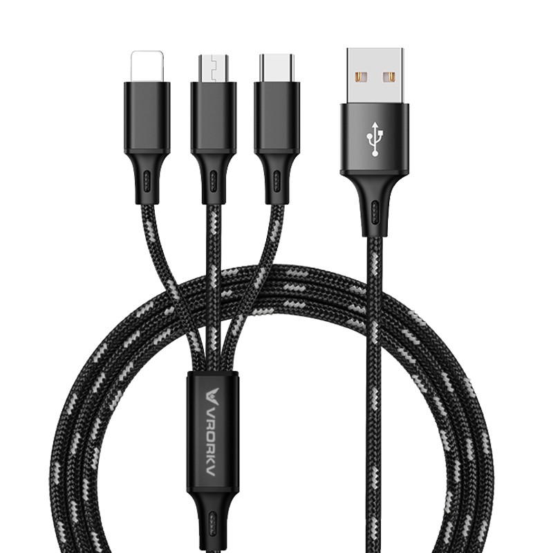 VRORKV 3 in 1 Multi Charging Cable Nylon Braided 1.2m(USB To Type C/Lightning/Micro) （Black）