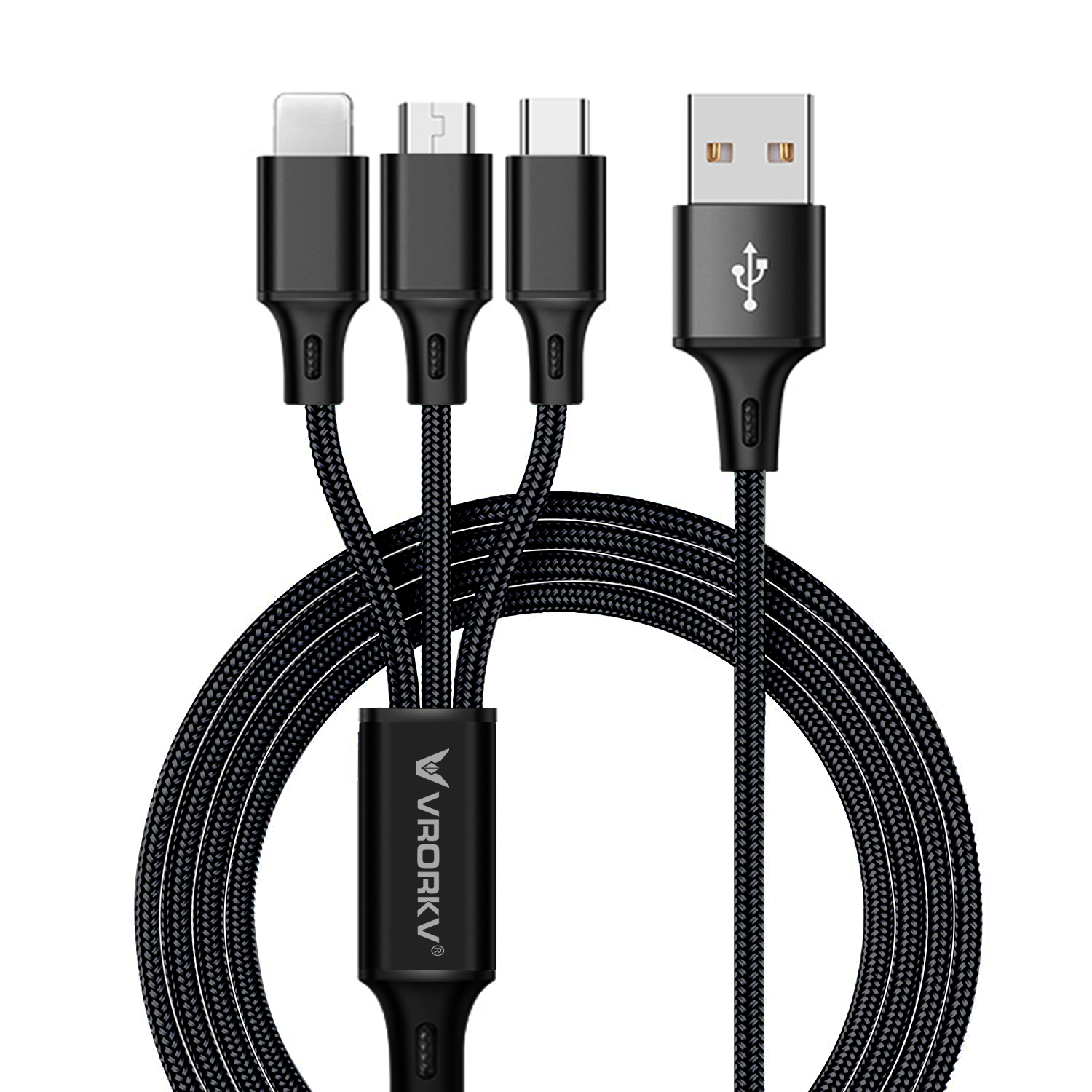 VRORKV 3 in 1 Multi Charging Cable 1.2M(USB To Type C/Lightning/Micro) （Black）