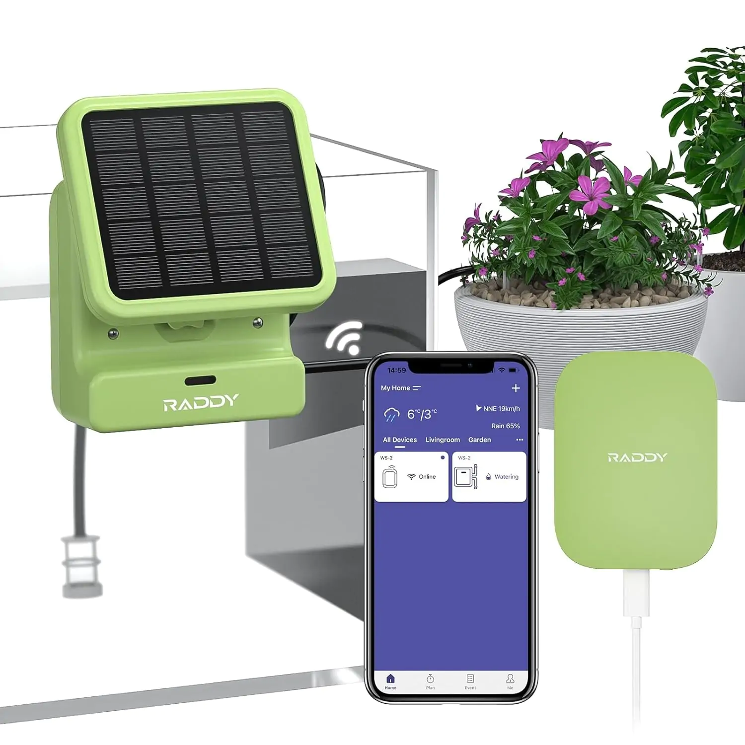 Raddy WS-2 Wi-Fi Automatic Watering System, Solar Drip Irrigation System, APP Control with Flexible Mini Hub, Water Shortage Alert, 2600mAh