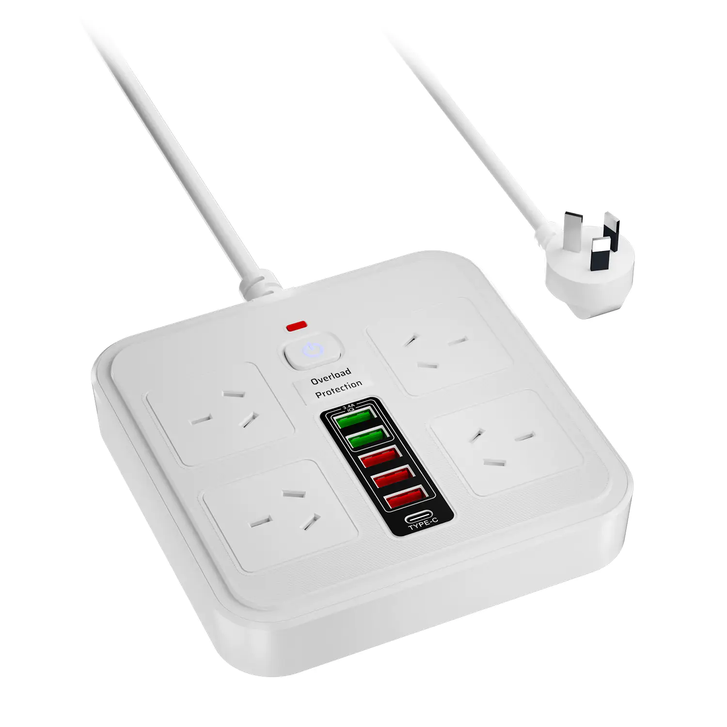 Socket 2M Extension with 5 USB + TYPE-C Charging Ports, Safety Shutter, and Overload Protection - White