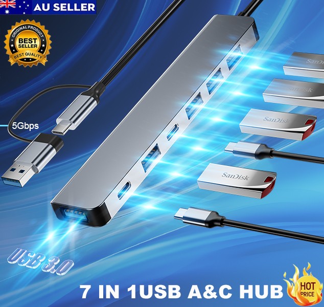 USB C Hub 7 in 1 USB Hub Aluminum USB C & USB Hub with USB 3.0 USB 2.0 Ports for PC/Laptops/MacBook Pro/Air/iMac/iPad and More Devices 