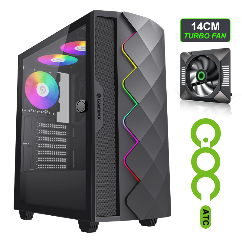 Gamemax Computer case, ATX Mid-Tower  Black Chassis , 3x ARGB fan, 1x 14CM Turbo COC fan - Black