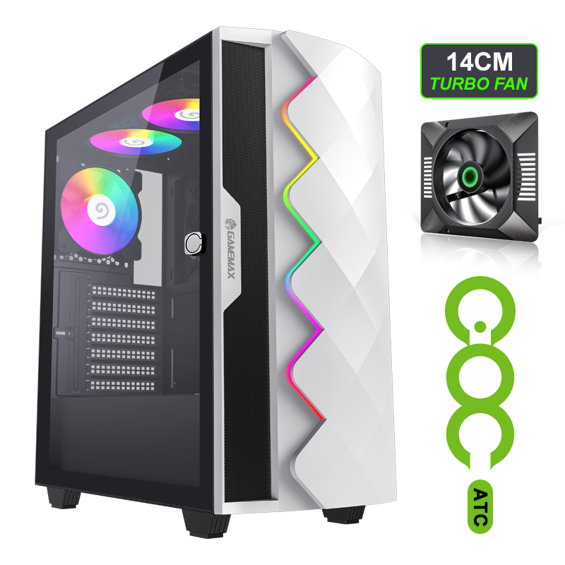Gamemax  Computer case, ATX Mid-Tower  Black Chassis , 3x ARGB fan, 1x 14CM Turbo COC fan - White