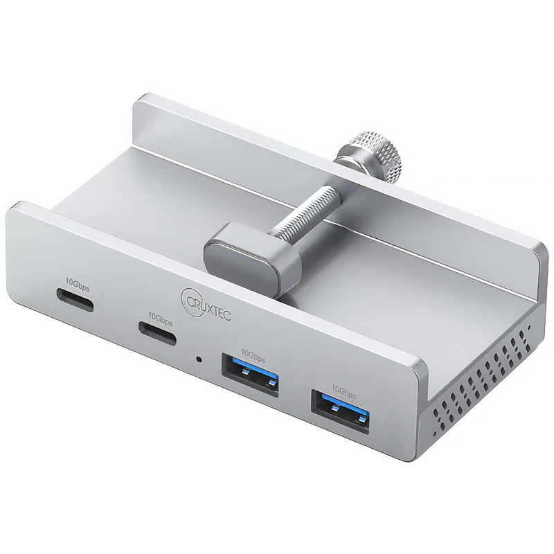 Cruxtec 4-Port Aluminum Clamp USB 3.1 Gen2 10Gbps Hub with USB-C Power Supply Port (TC3-2C2A-SV)