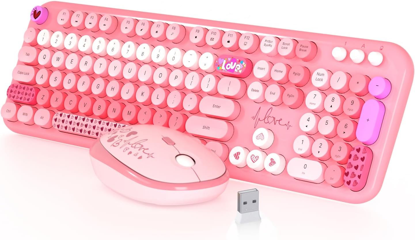 Wireless Keyboard and Mouse Combo 104 Keys Full Size Cordless Keyboard & Mouse Set Cute Colorful Computer Keyboard and Mice 2 in 1 USB 2.4GHz Dropout