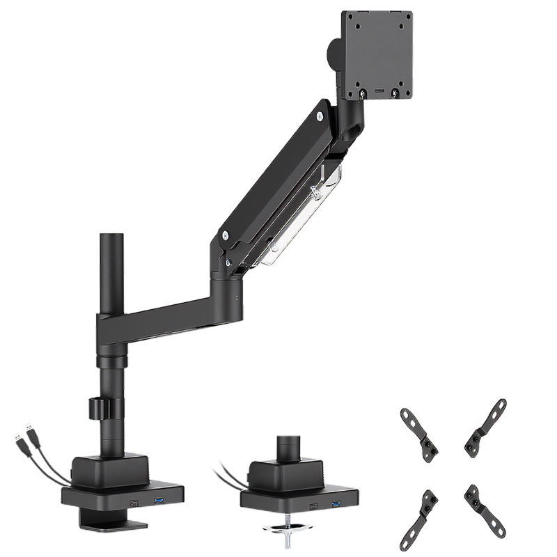 Brateck Super Heavy-Duty Pole-Mounted Gas Spring Monitor Arm with USB-A and USB-C Ports - Matte Black (LDT80-C012UCP)