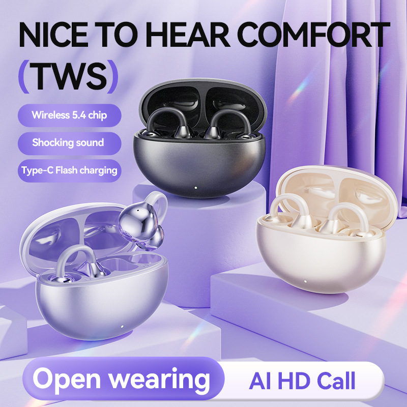 Open Ear Earbuds Wireless Bluetooth 5.4 Clip-on Headphones with Mic - 50H Playtime, Ipx5 Waterproof - Ideal for Sports & Workouts - Purple