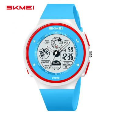 Multi functional sports waterproof electronic watch for students, male and female electronic pointer dual time watch 2346-pink blue