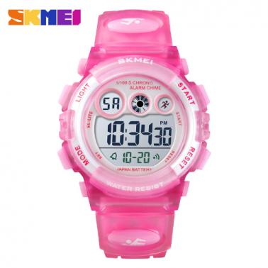 Multi functional waterproof children's watch with colorful LED luminous transparent case, personalized student electronic watch 1451-pink red