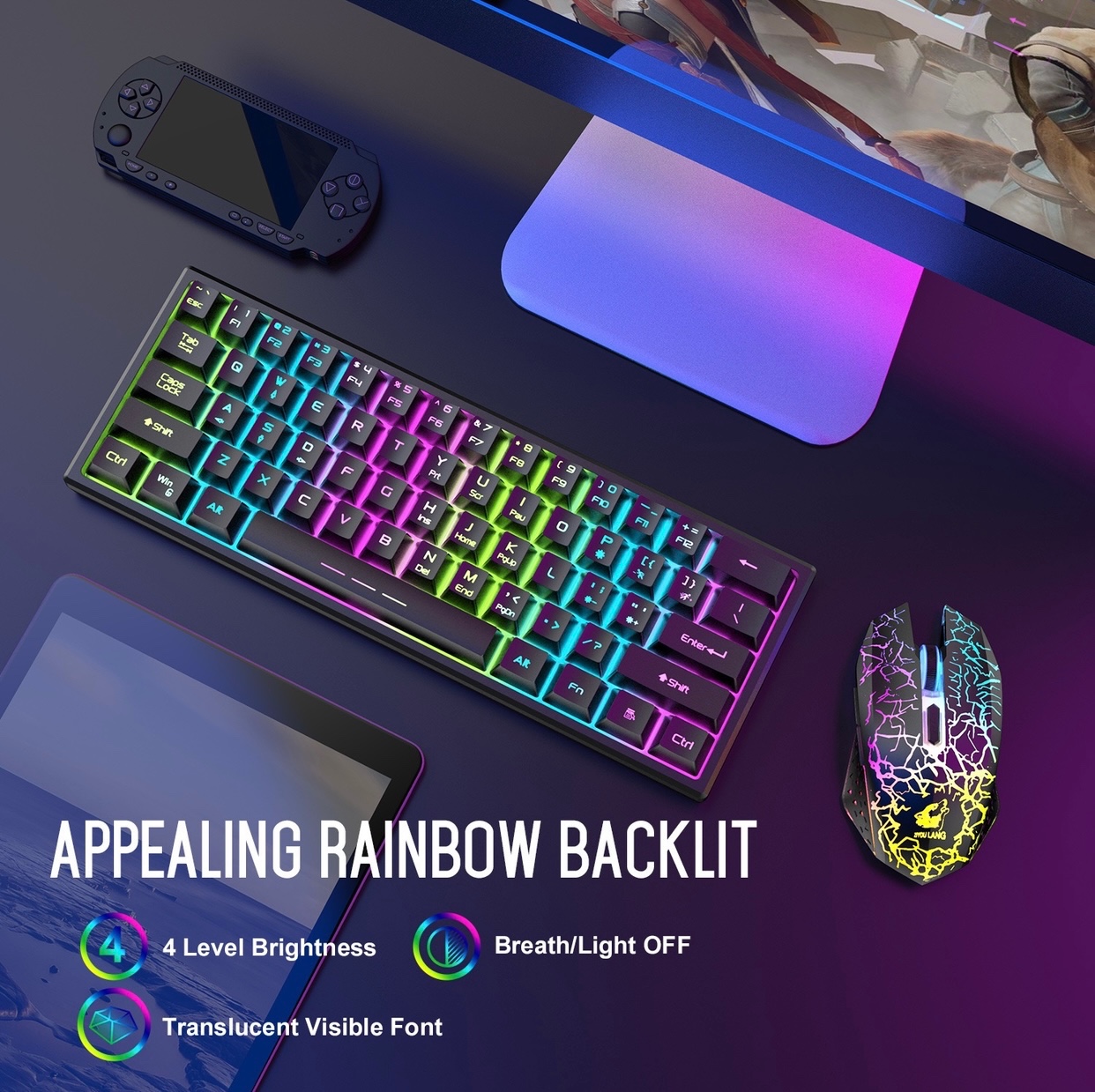 Charging wireless keyboard mouse set 61-key glowing wireless gaming keyboard set 