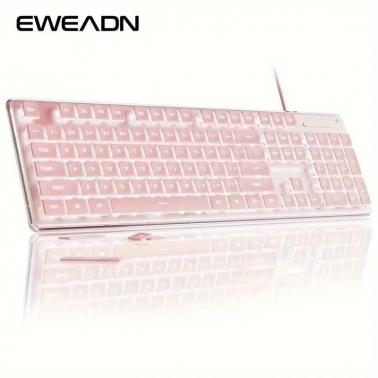 EWEADN 104-Key Wired Keyboard,White Backlit, Premium All-Metal Panel, Silent Typing & Cozy Keycaps,High Aesthetic Design for Office & Home - Pink