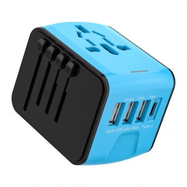 International Universal Travel Adapter - Works in 200+ Countries, 3 USB Ports & Type-C Charger for iPhone, iPad, Tablets & More (Blue)