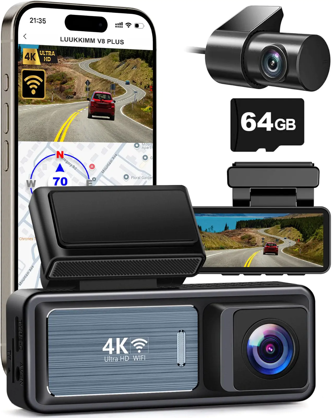 4K Dash Cam Front and Rear, Built-in WiFi GPS 2160P+1080P UHD