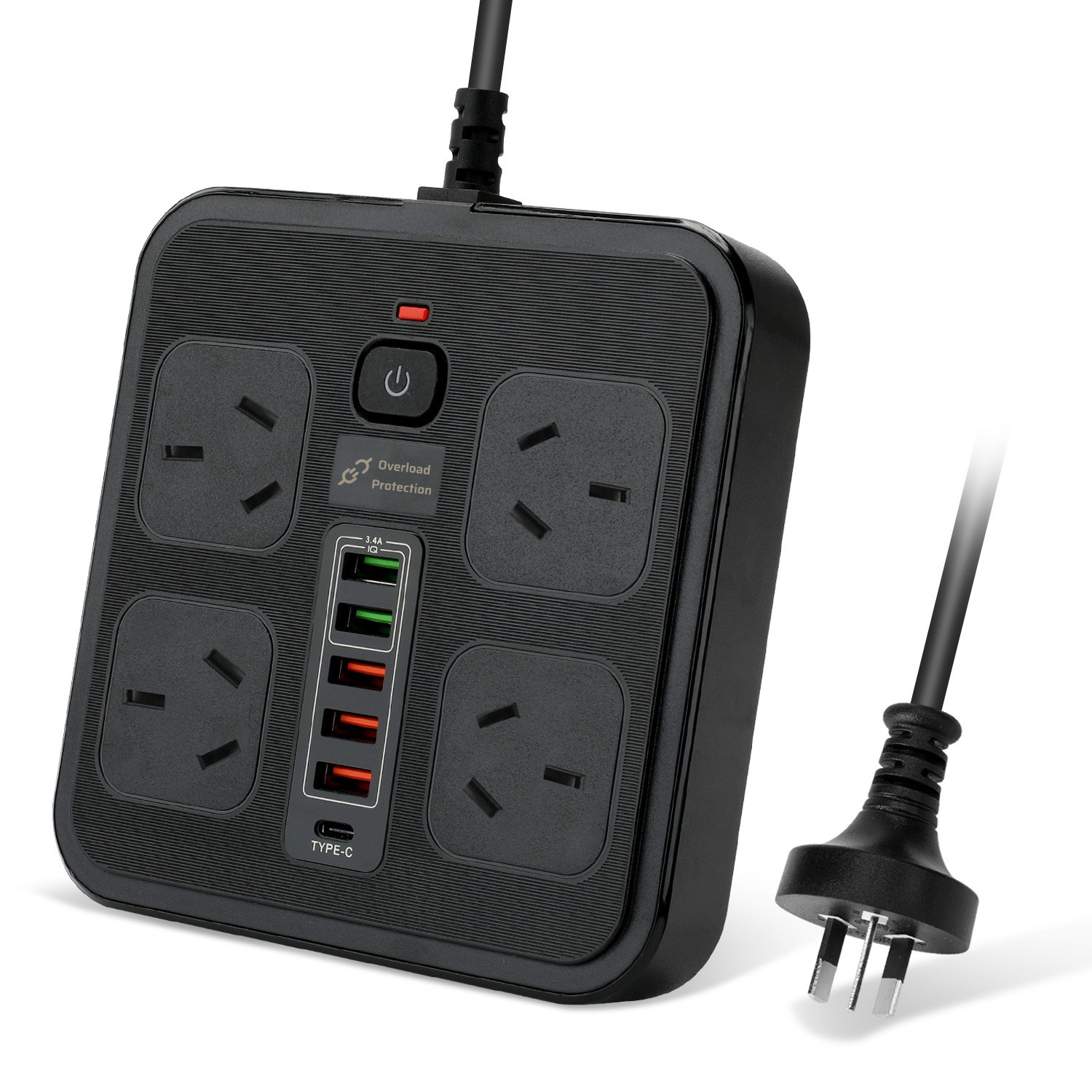 Powerboard USB 10in1 Power Board with Surge Protection Smart USB C Power Board with 4-Outlets Wall Mountable Powerboard with 2M Power Extension Black