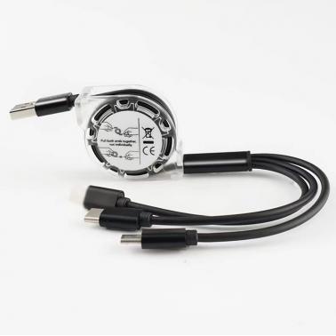 1M Black 3-in-1 Retractable Metal Data Cable, Fast Charging for Android/Type-C Phones