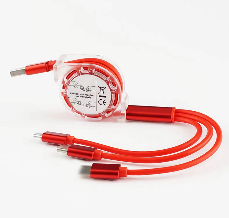 1M Red 3-in-1 Retractable Metal Data Cable, Fast Charging for Android/Type-C Phones