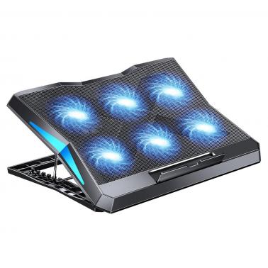 Laptop Cooling Pad Stand with 6 Quiet Fans, 2400 RPM, Speed Control, 2 USB Ports, 6 Adjustable Heights, Fits 11-17.3" Laptops & MacBook