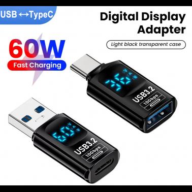 Type-C Smart LED Display USB-C to USB3.2 Type-A Adapter 10Gbps Data Current Voltage Fast Charging Monitoring Display Tester