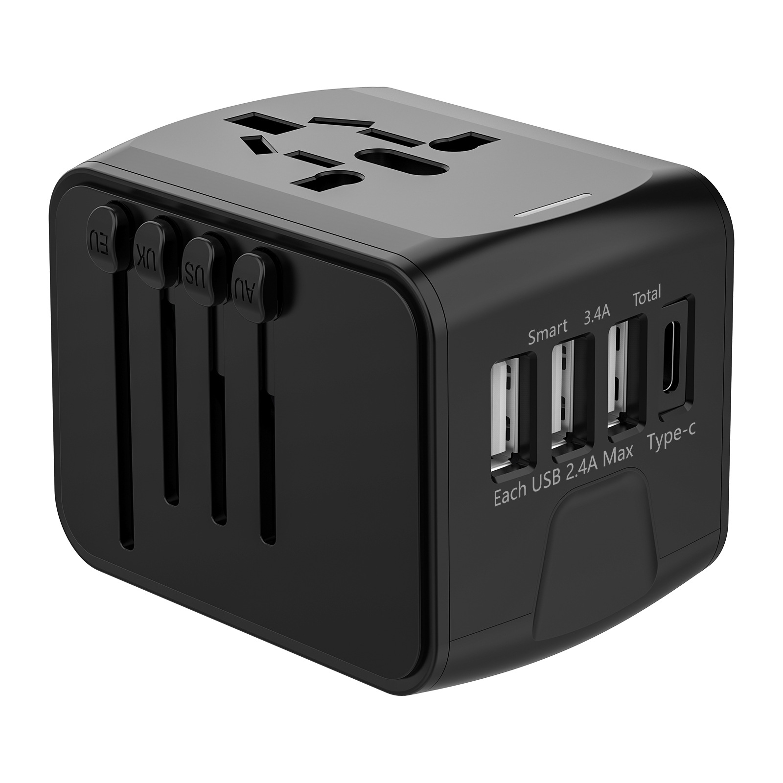 International Universal Travel Adapter - Works in 200+ Countries, 3 USB Ports & Type-C Charger for iPhone, iPad, Tablets & More (Black)