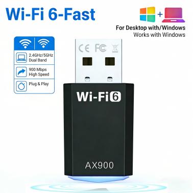 Wi-Fi 6 USB Adapter AX900, Driver Free Wireless Dongle, Dual Band 5GHz//2.4GHz WiFi Stick for Desktop PC, Laptop, Supports Windows 11/10/7