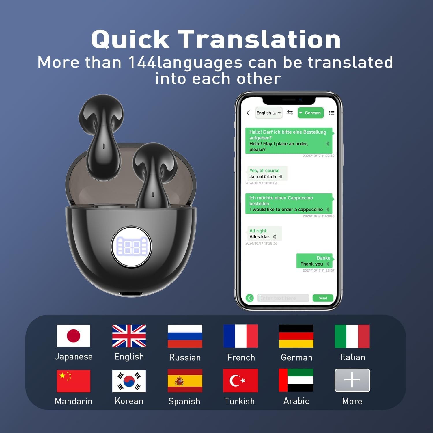 AI Language Translation Earbuds 144 Languages Translation Earbuds Real Time Two-Way Translator Real-Time Communication Simultaneous Translation BT5.4