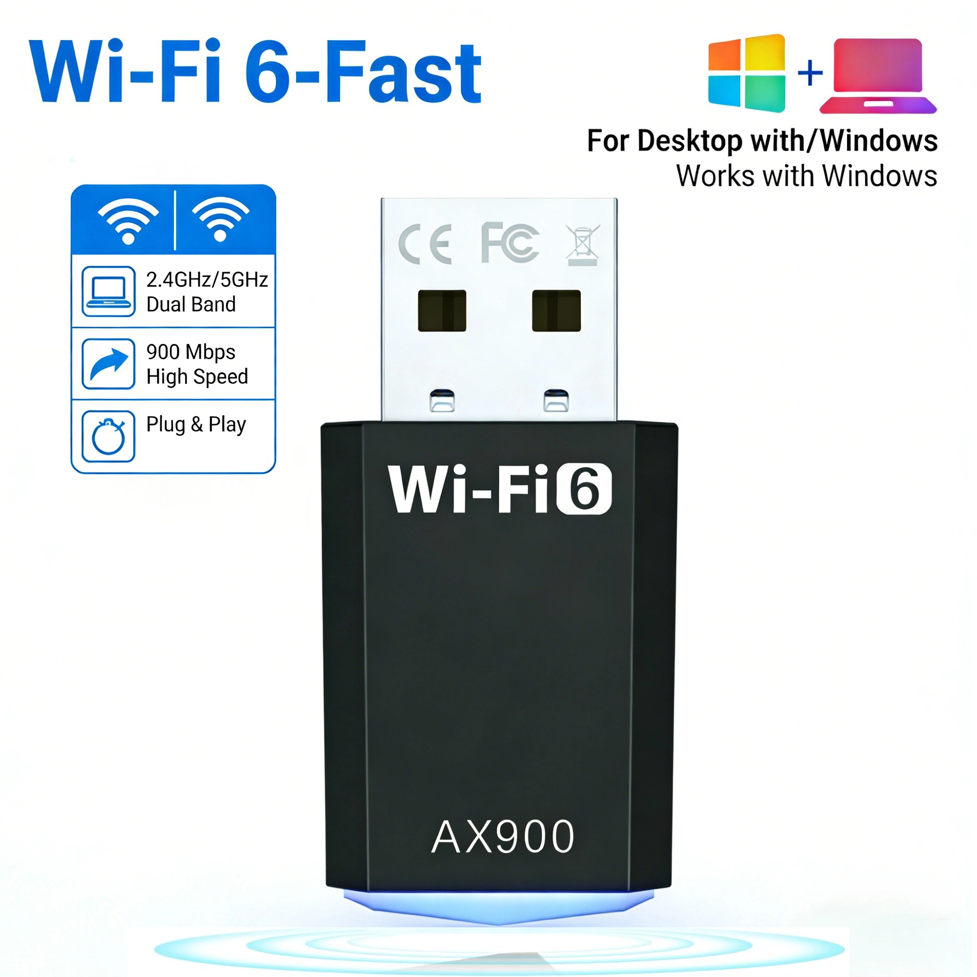 Wi-Fi 6 AX900 USB Adapter – Dual Band 2.4 GHz/5 GHz 900 Mbps Plug & Play Wireless Network Dongle for Desktop & Laptop