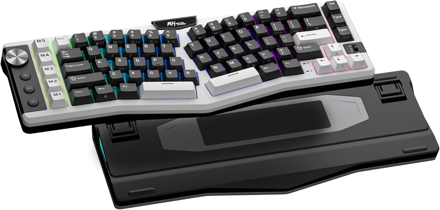 RK ROYAL KLUDGE A72 Alice Ergonomic Wireless Mechanical Keyboard w/Knob/Macro Keys/Touchable Nameplate, Tri-Mode 68% 72-Key Gasket Keyboard BT/2.4G/US