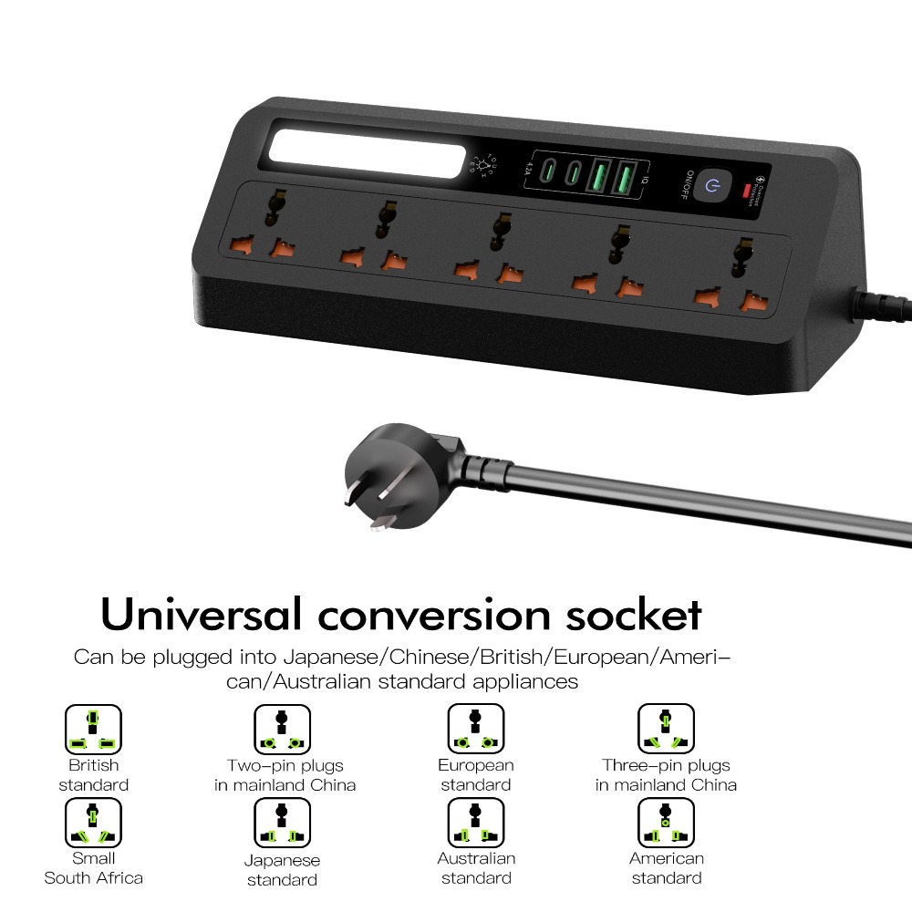 Surge Protected AU Power Board with 35W USB-C Fast Charge, 9-in-1 Desktop Extension Lead 1.8m, 4 USB Ports, Touch LED Night Light,Black| VELORICA